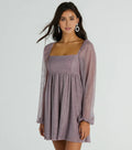 A-Line Square Neck Long Sleeve Glitter Short-Mini Homecoming Dress