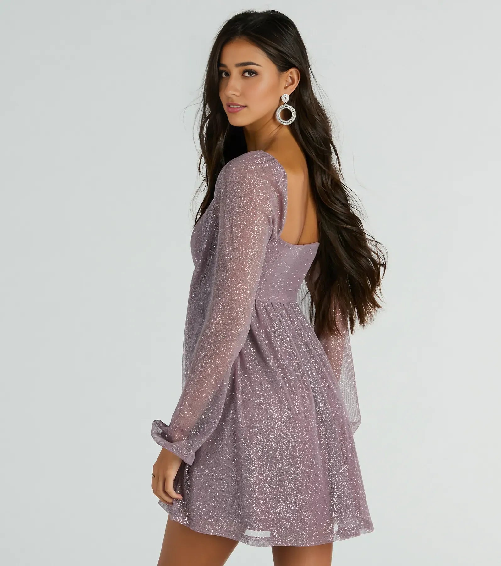 A-Line Square Neck Long Sleeve Glitter Short-Mini Homecoming Dress