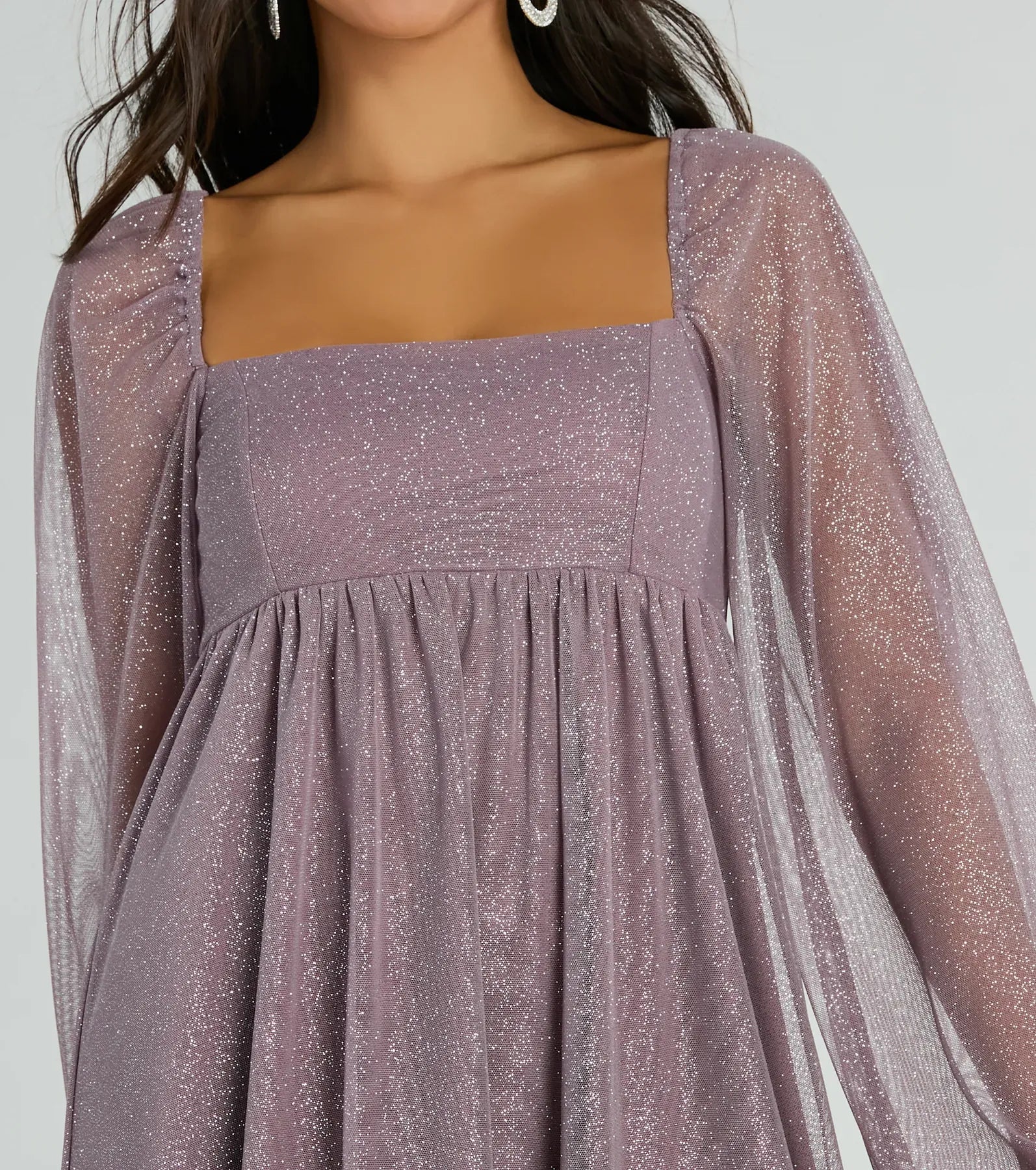 A-Line Square Neck Long Sleeve Glitter Short-Mini Homecoming Dress