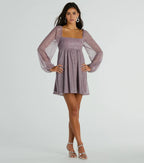 A-Line Square Neck Long Sleeve Glitter Short-Mini Homecoming Dress