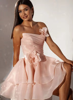 A-Line Strapless 3D Flowers Ruched Tiered Blush Mini Homecoming Dress