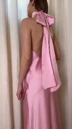 Halter Sleeveless Sheath Bow Long Prom Dress