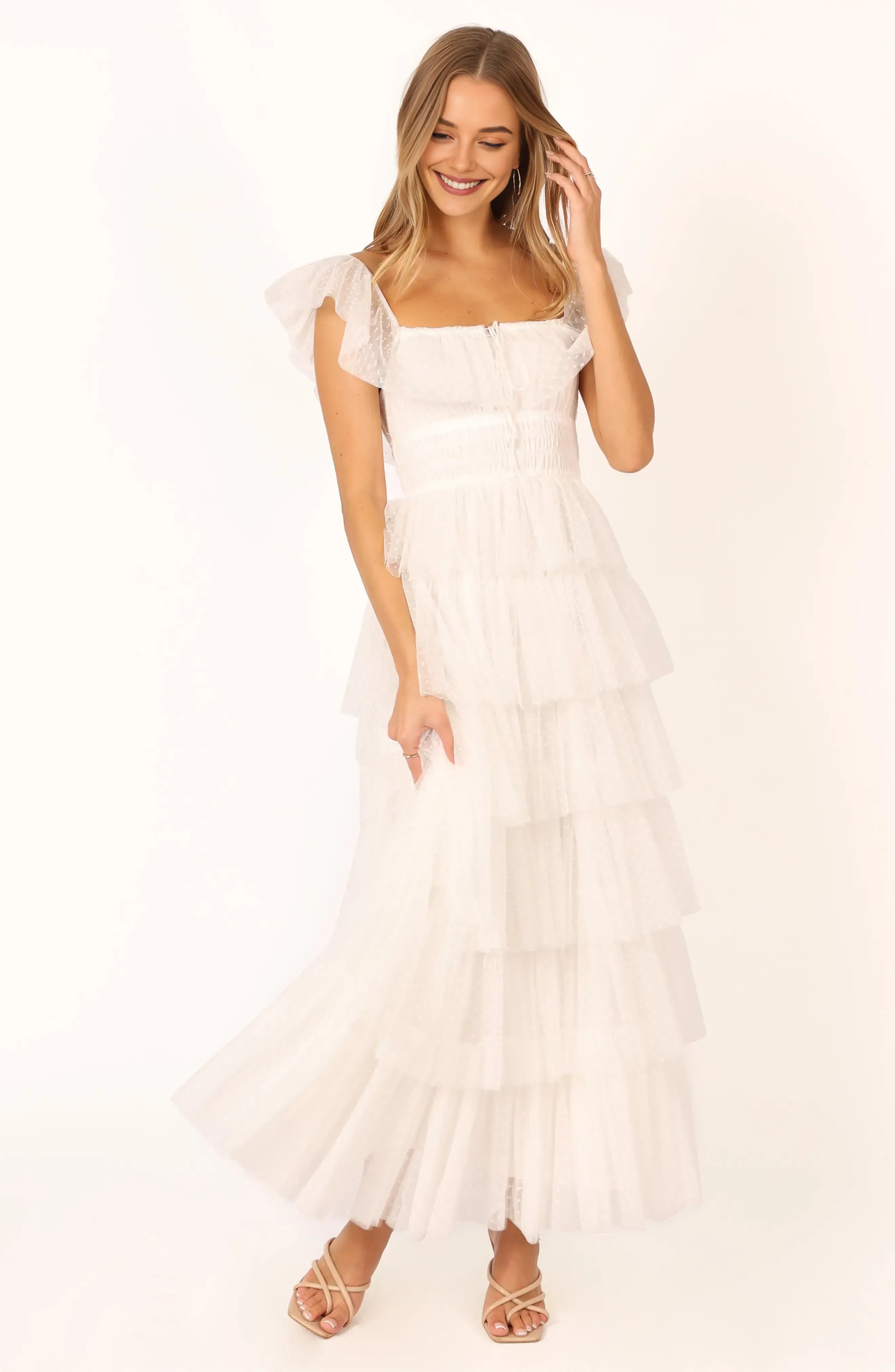 A-Line Square Neck Cap Sleeve Backless Floor-Length Prom Dress