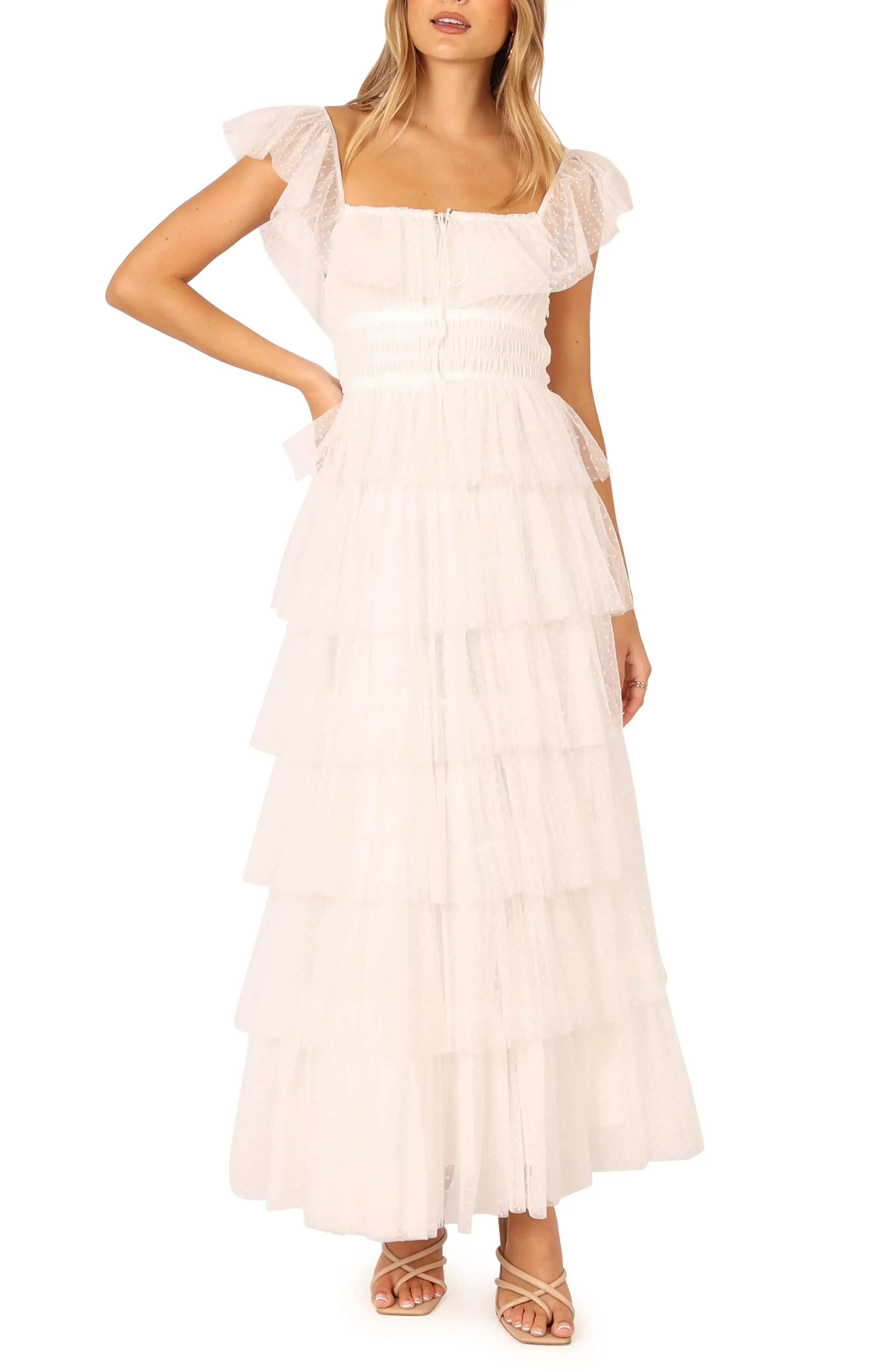 A-Line Square Neck Cap Sleeve Backless Floor-Length Prom Dress