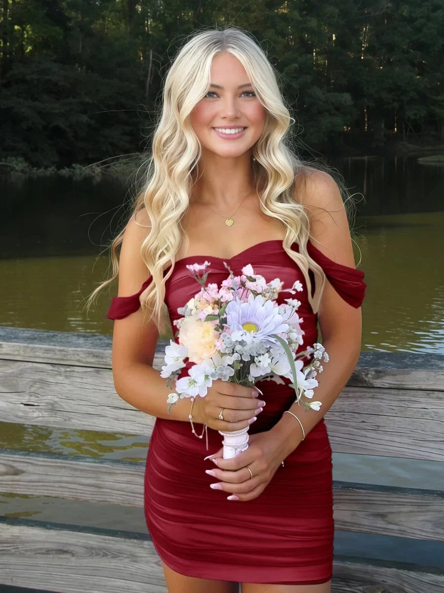 Cute Sheath/Column Off The Shoulder Sleeveless Lace Up Back Short-Mini Homecoming Dress