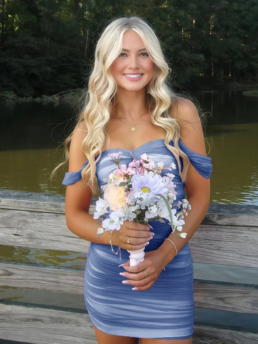 Cute Sheath/Column Off The Shoulder Sleeveless Lace Up Back Short-Mini Homecoming Dress