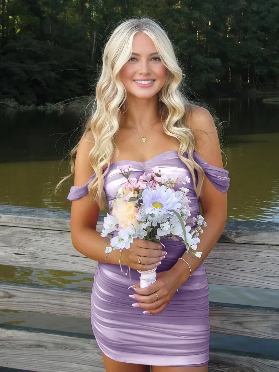 Cute Sheath/Column Off The Shoulder Sleeveless Lace Up Back Short-Mini Homecoming Dress
