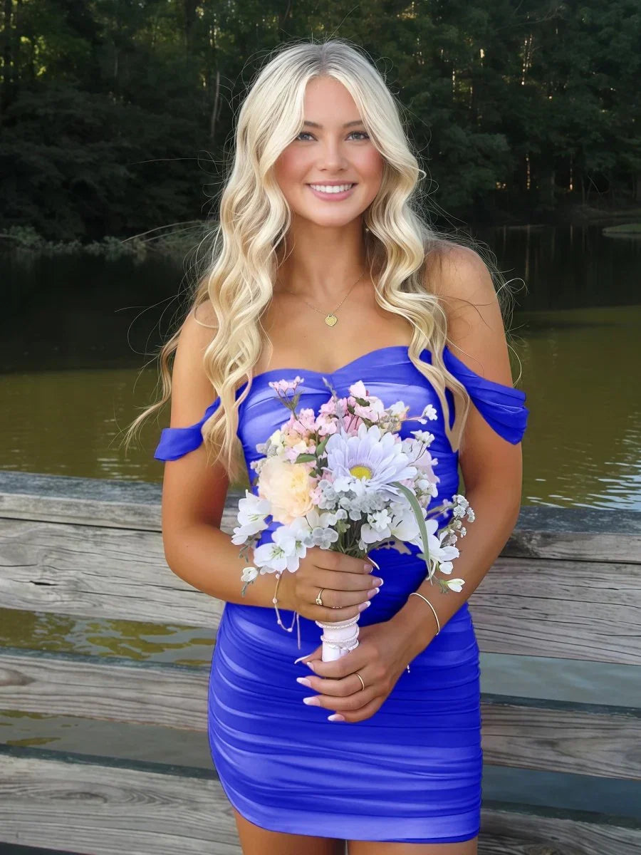 Cute Sheath/Column Off The Shoulder Sleeveless Lace Up Back Short-Mini Homecoming Dress