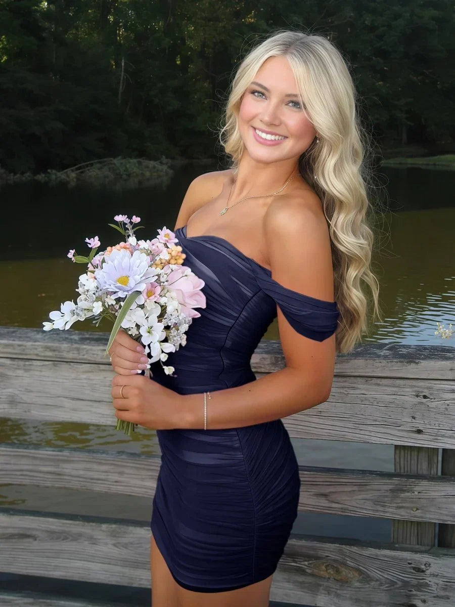 Cute Sheath/Column Off The Shoulder Sleeveless Lace Up Back Short-Mini Homecoming Dress