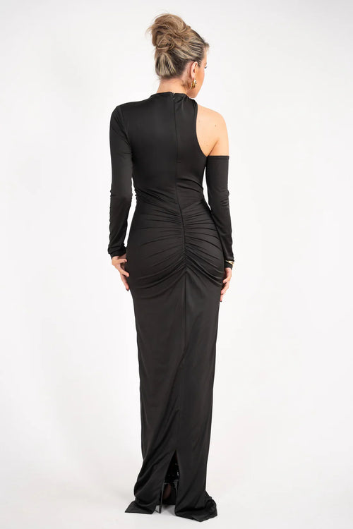 Robe de bal longue pour femme, fourreau, à une épaule, avec découpe, ruchée et fermeture éclair au dos