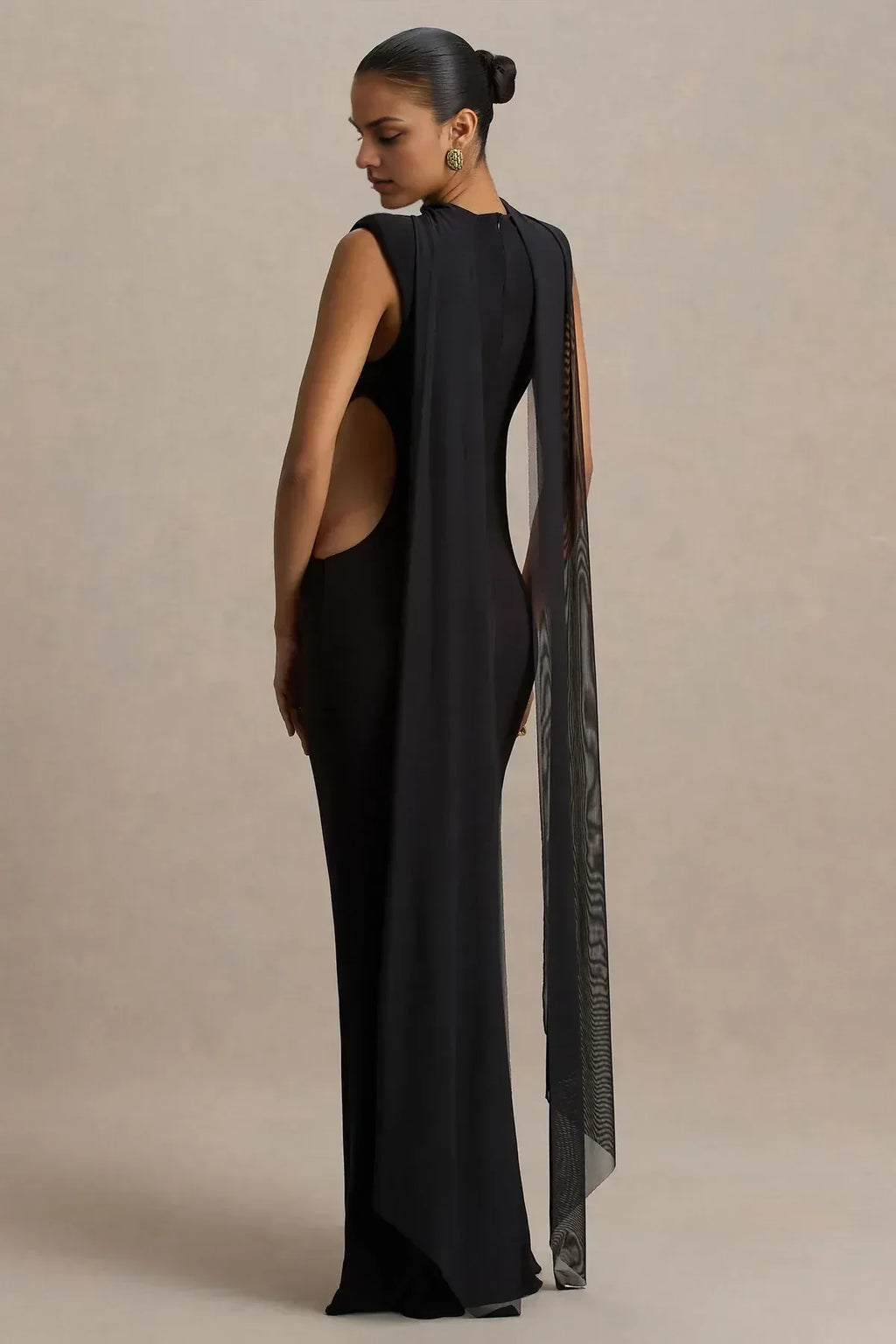 Daring Mermaid Mock Neck Sleeveless Cutout Side Draped Back Floor Length Evening Dress