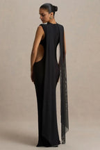Daring Mermaid Mock Neck Sleeveless Cutout Side Draped Back Floor Length Evening Dress