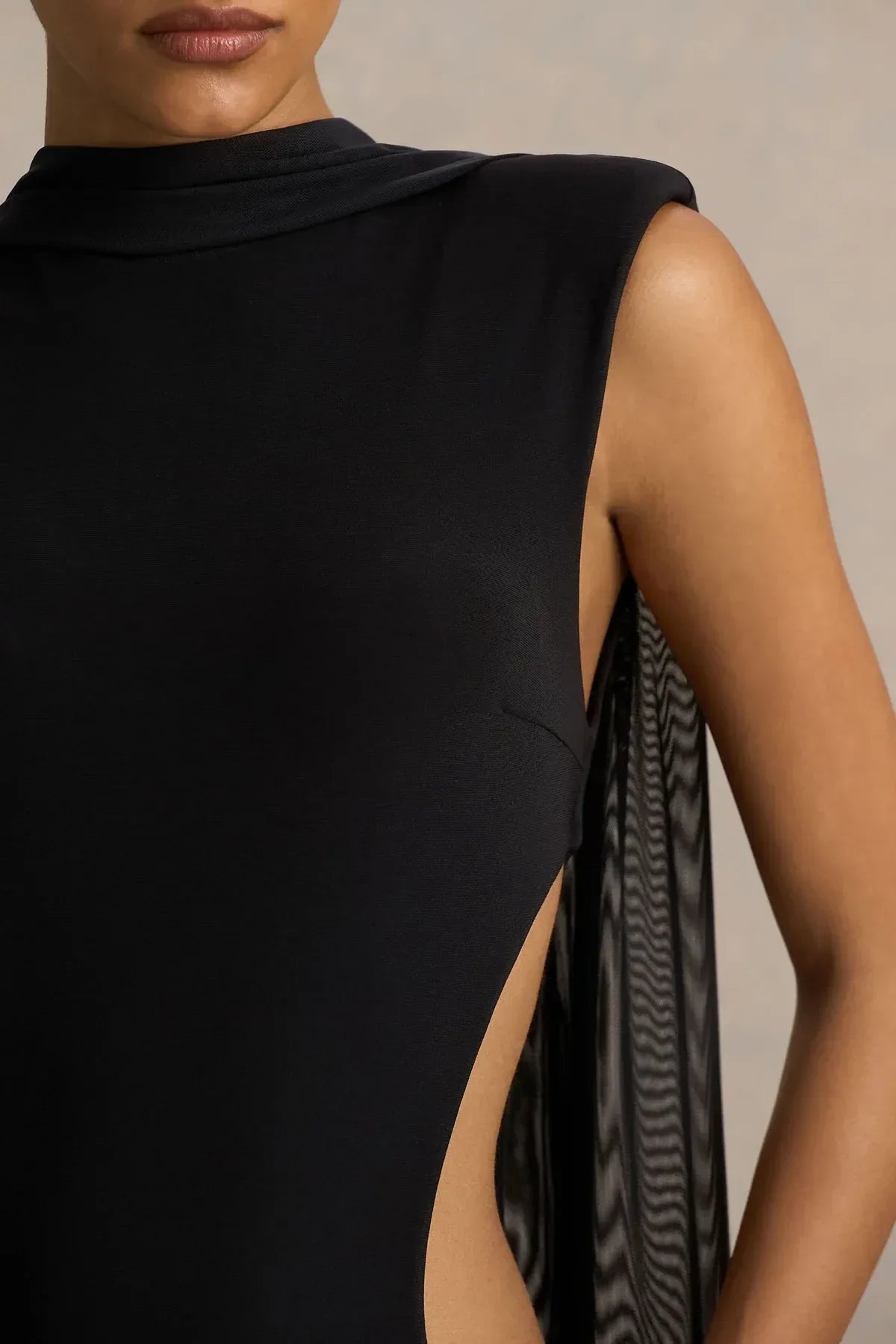 Daring Mermaid Mock Neck Sleeveless Cutout Side Draped Back Floor Length Evening Dress