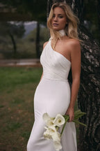 Daring One Shoulder Mermaid Rhinestone Accent Open Back Train Length Wedding Dress