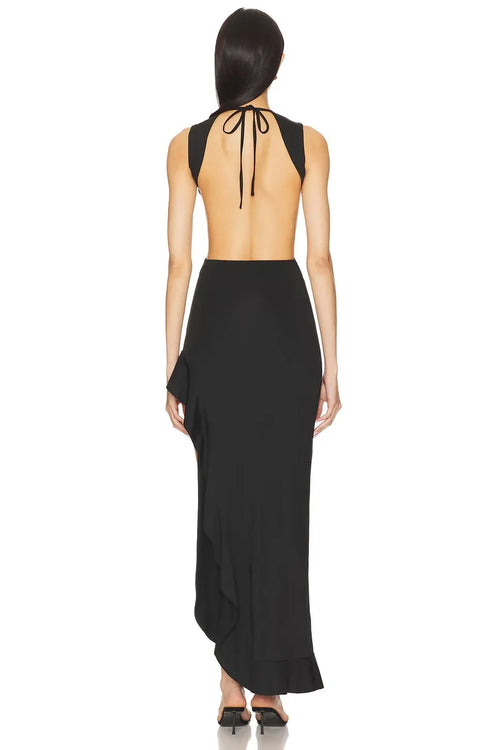 Robe de soirée moulante sans manches audacieuse à col trou de serrure, dos noué et ourlet asymétrique
