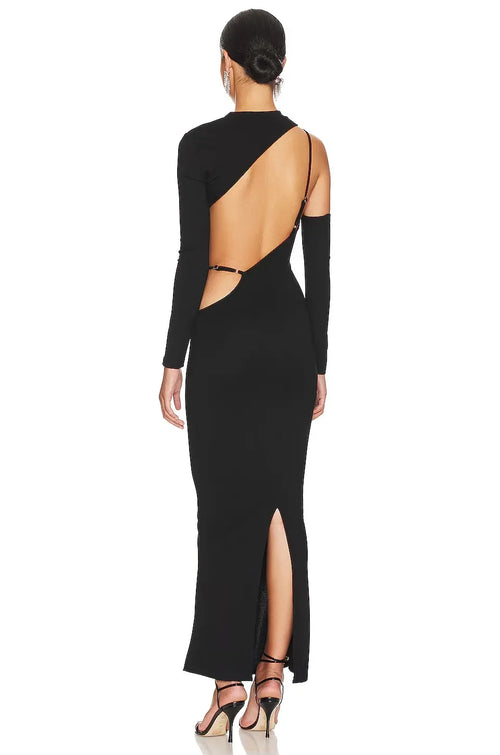 Robe de soirée longue audacieuse fourreau col montant manche asymétrique dos découpé