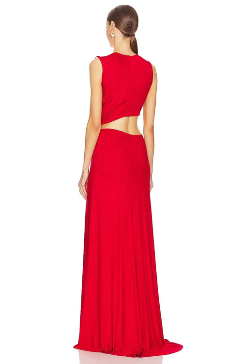 Robe de soirée longue, audacieuse, fourreau, décolleté en V, sans manches, dos découpé