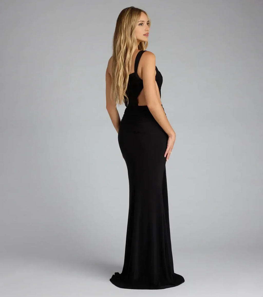 Daring Trumpet One Shoulder Sleeveless Cut Out Back Floor Length Prom Dress