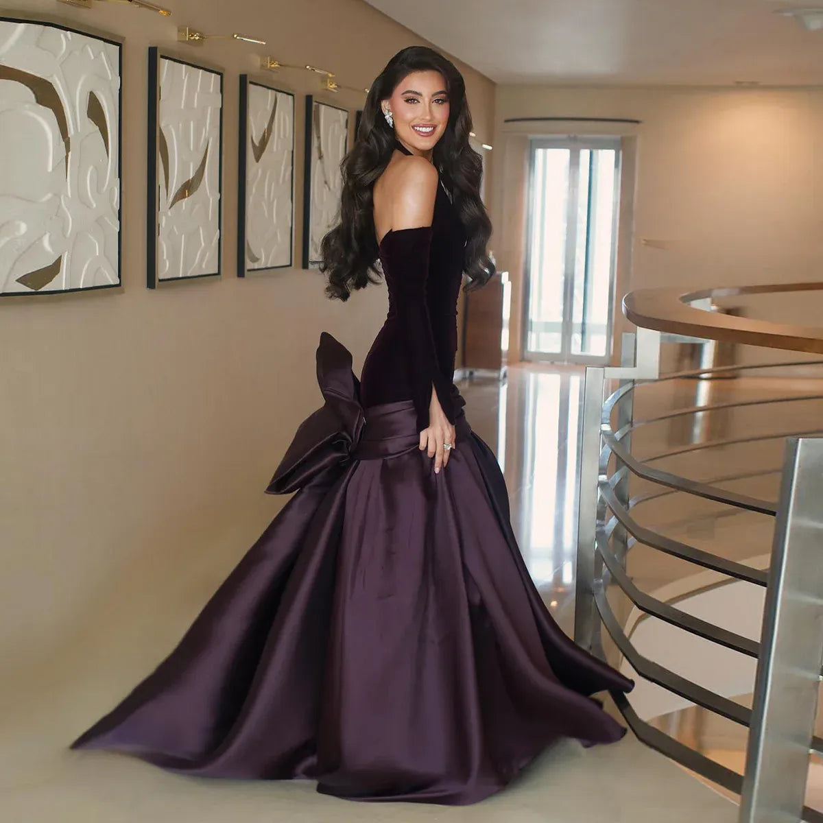 Purple Dark Halter Off Shoulder Mermaid Formal Evening Gown