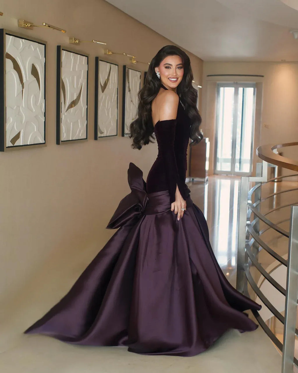 Purple Dark Halter Off Shoulder Mermaid Formal Evening Gown