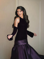 Purple Dark Halter Off Shoulder Mermaid Formal Evening Gown