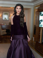 Purple Dark Halter Off Shoulder Mermaid Formal Evening Gown