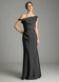 Dark Gray Satin Bridesmaid Dress with One-Shoulder Neckline and Ruched Bodice