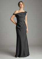 Dark Gray Satin Bridesmaid Dress with One-Shoulder Neckline and Ruched Bodice