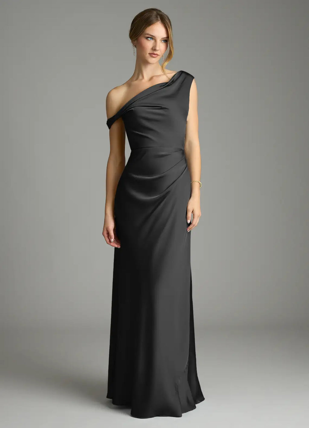 Dark Gray Satin Bridesmaid Dress with One-Shoulder Neckline and Ruched Bodice