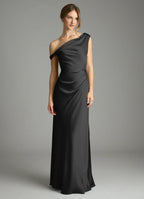 Dark Gray Satin Bridesmaid Dress with One-Shoulder Neckline and Ruched Bodice