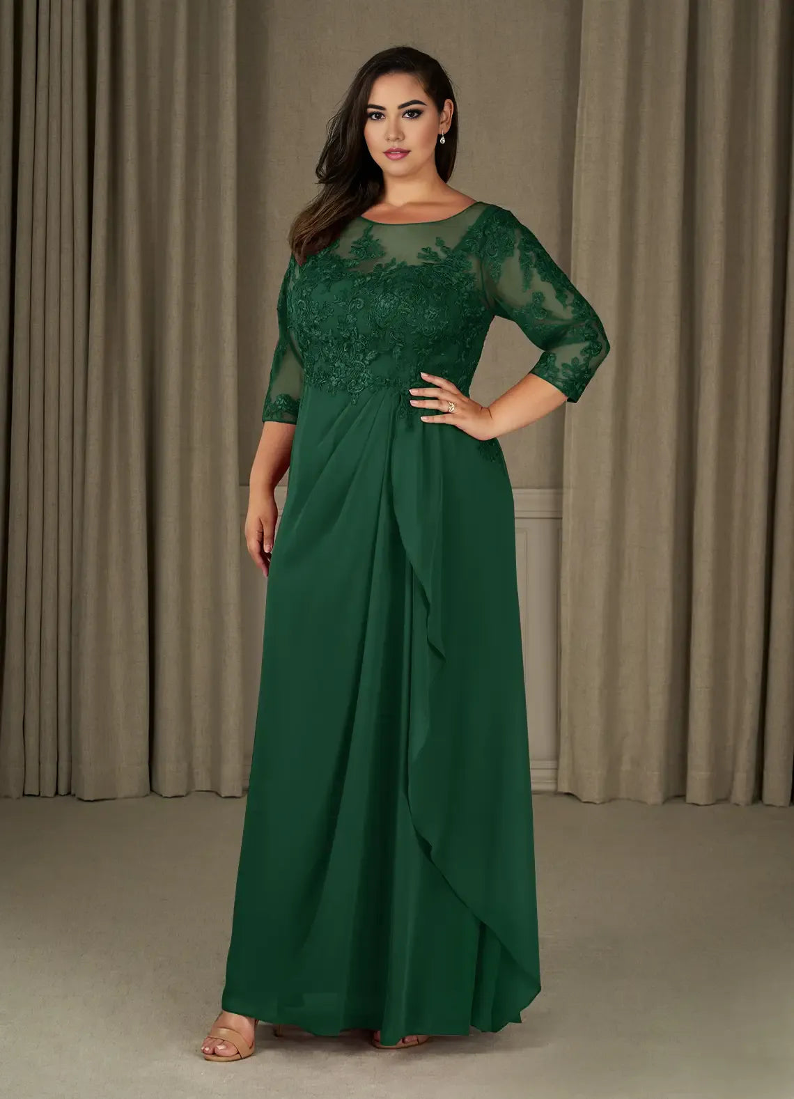 Dress Champagne A-Line Scoop Mother Of The Bride Evening Dress Elegant Ruffle Three-Quarter Sleeve V Back Plus Size Mother Of The Bride Dress