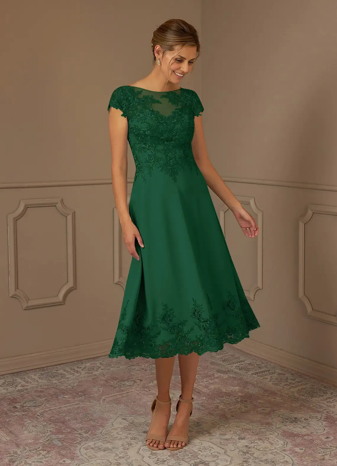 Green Dark A-Line Scoop Tea-Length Dress Cap Sleeve Solid Color Vintage Mother of the Bride Dress