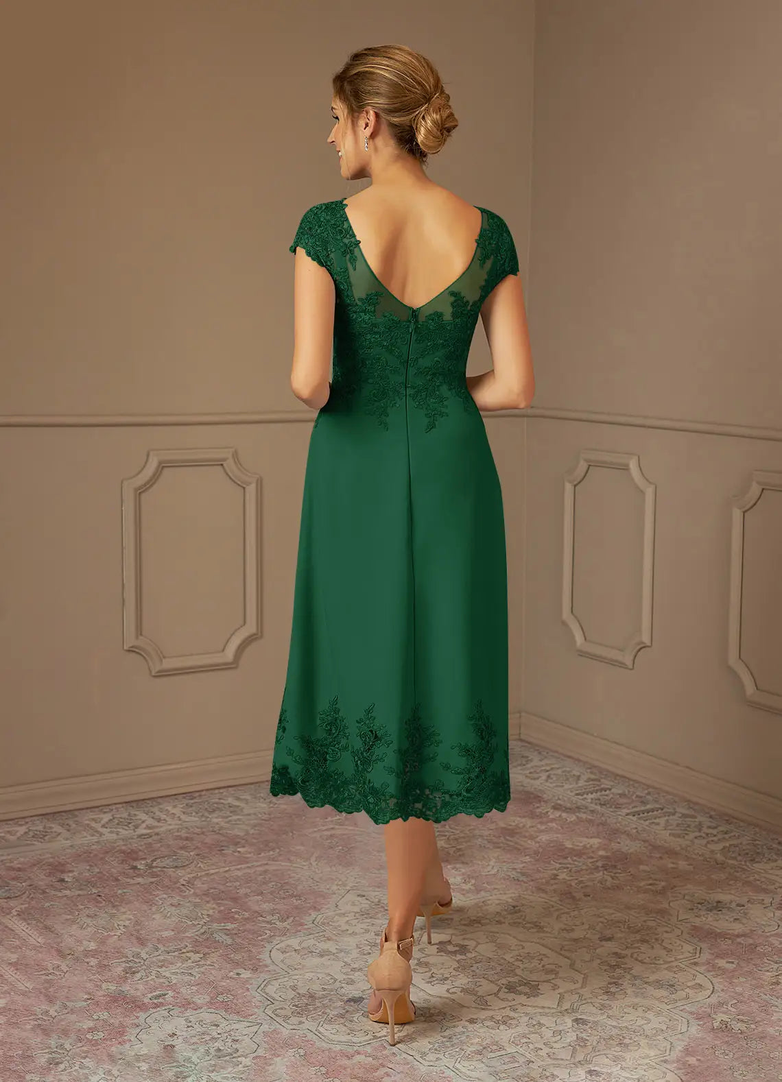 Green Dark A-Line Scoop Tea-Length Dress Cap Sleeve Solid Color Vintage Mother of the Bride Dress