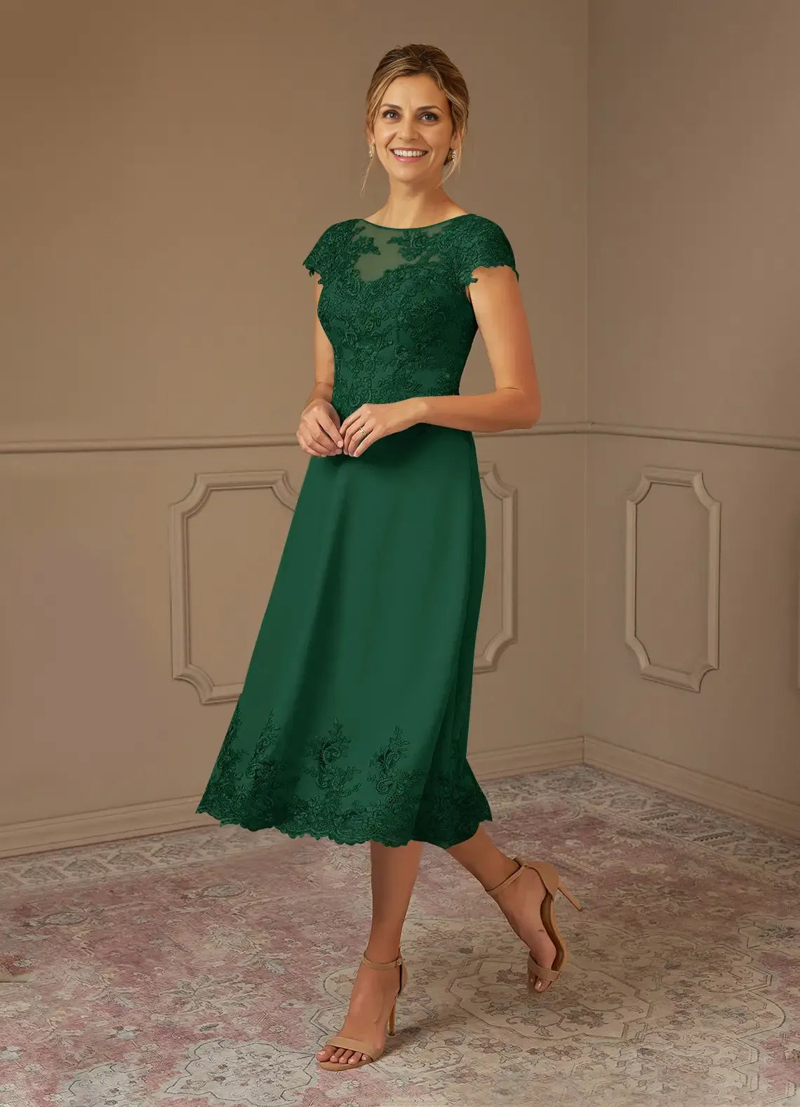 Green Dark A-Line Scoop Tea-Length Dress Cap Sleeve Solid Color Vintage Mother of the Bride Dress