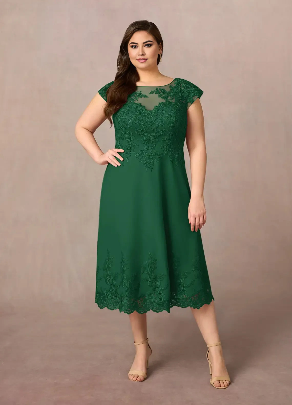 Green Dark A-Line Scoop Tea-Length Dress Cap Sleeve Solid Color Vintage Plus Size Mother of the Bride Dress