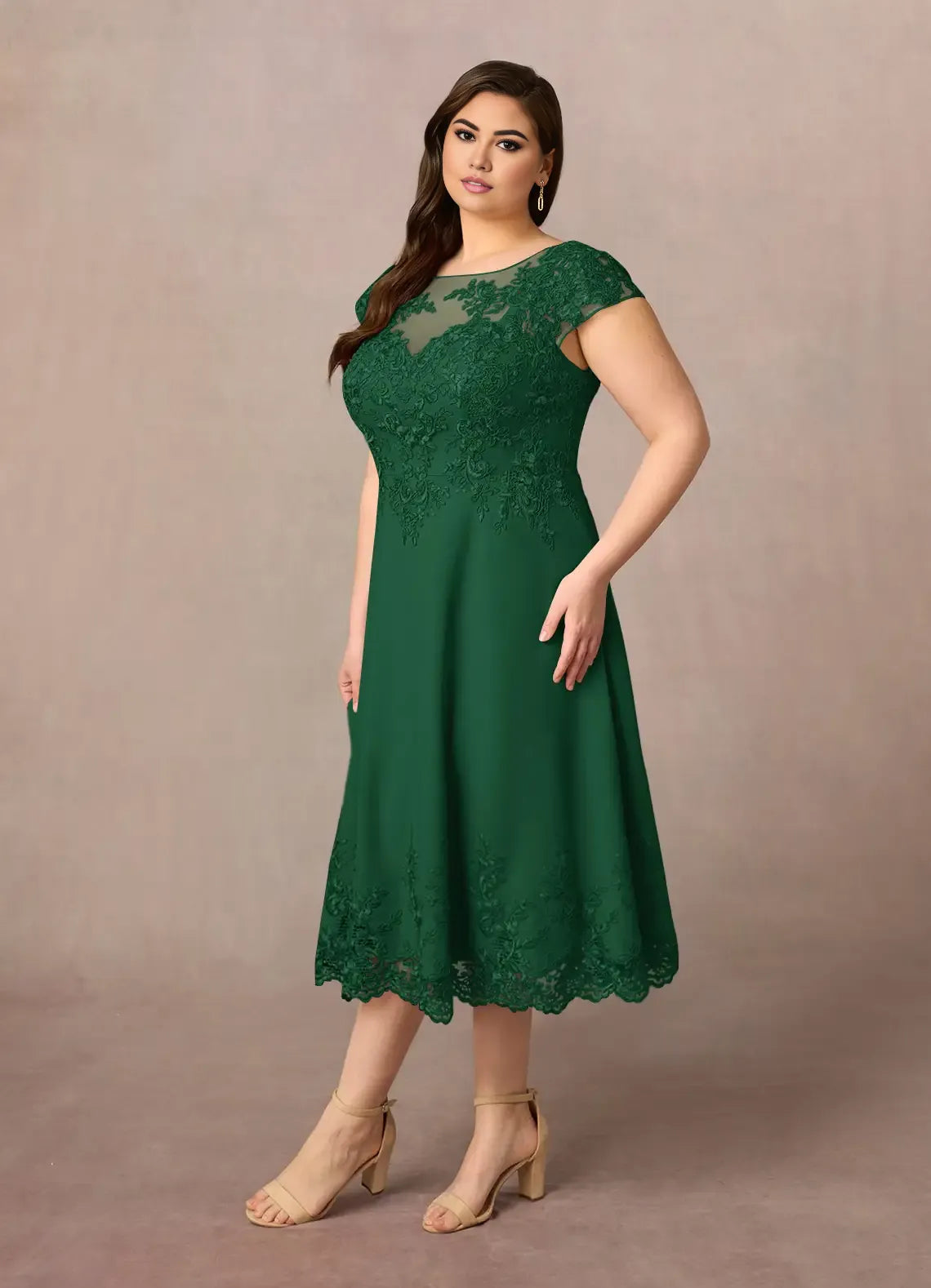 Green Dark A-Line Scoop Tea-Length Dress Cap Sleeve Solid Color Vintage Plus Size Mother of the Bride Dress