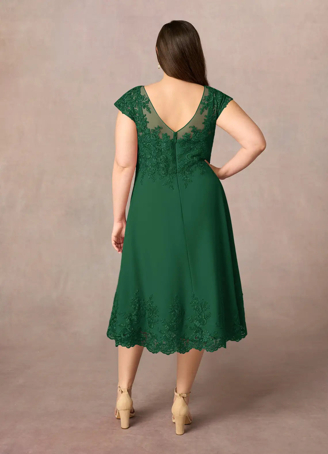 Green Dark A-Line Scoop Tea-Length Dress Cap Sleeve Solid Color Vintage Plus Size Mother of the Bride Dress