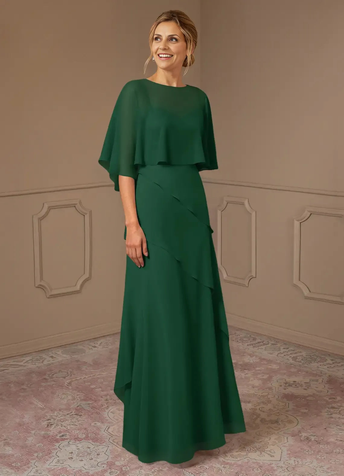 Dress A-Line Scoop Neck Dress Mother Of The Bride Dresses Elegant Cap Sleeves Capelet Evening Dress