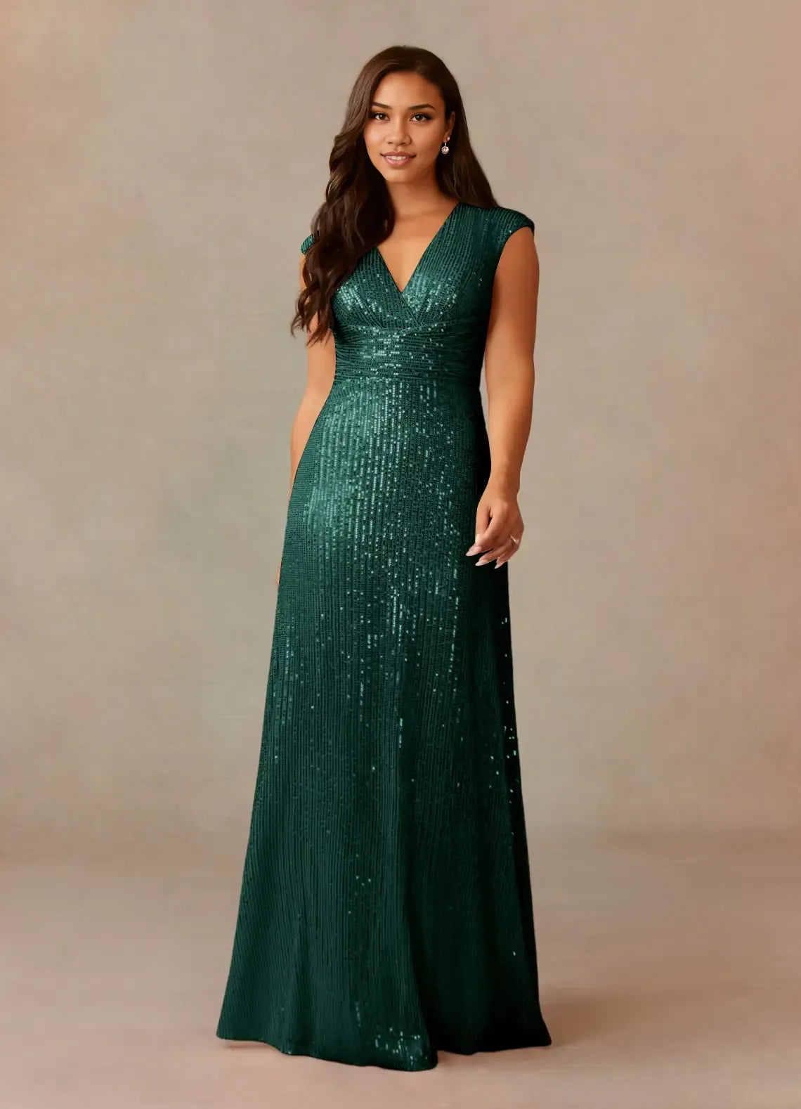 Dress Champagne A-Line V-Neck Ruched Sequins Mother Of The Bride Dresses Cap Sleeves Back Zip Ruffle Evening Dress