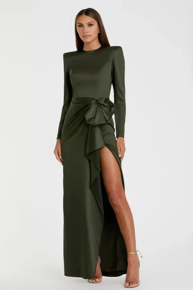 A-Line Round Neck Long Sleeve Zipper Up Floor-Length Prom Dress
