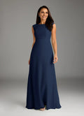 Navy Dark A-Line Floor-Length Dress Sleeveless Solid Color Elegant Scoop Neck Mother of the Bride Dress