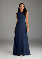 Navy Dark A-Line Floor-Length Dress Sleeveless Solid Color Elegant Scoop Neck Mother of the Bride Dress