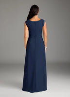 Navy Dark A-Line Floor-Length Dress Sleeveless Solid Color Elegant Scoop Neck Mother of the Bride Dress