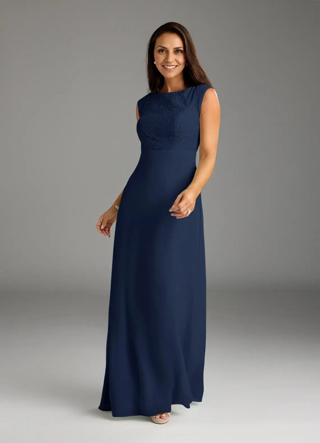 Navy Dark A-Line Floor-Length Dress Sleeveless Solid Color Elegant Scoop Neck Mother of the Bride Dress
