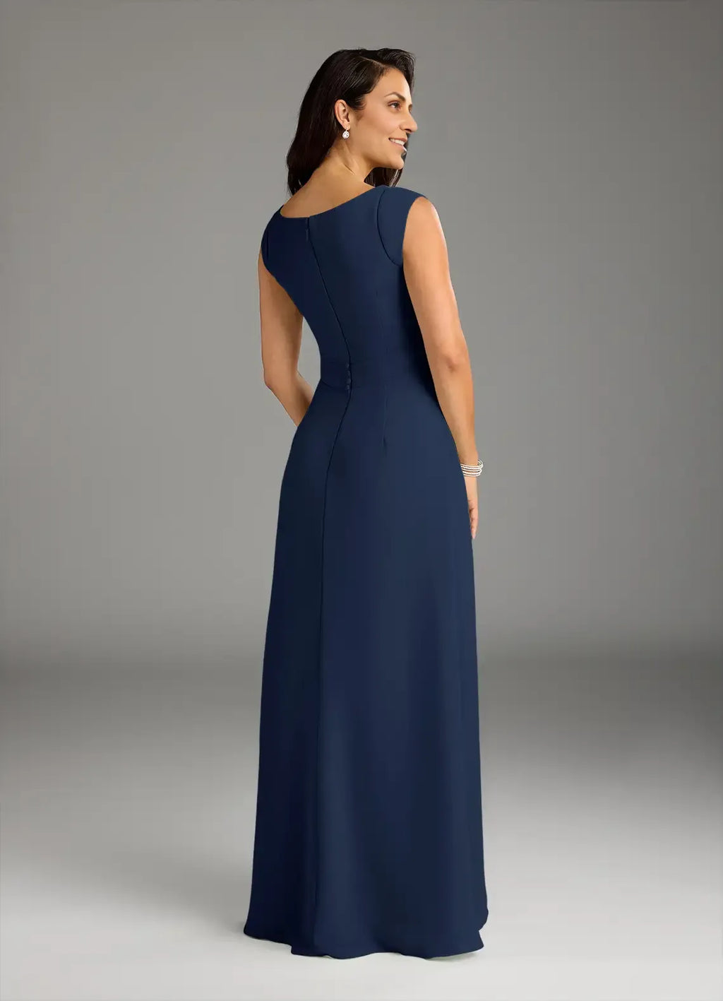 Navy Dark A-Line Floor-Length Dress Sleeveless Solid Color Elegant Scoop Neck Mother of the Bride Dress