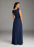 Navy Dark A-Line Floor-Length Dress Sleeveless Solid Color Elegant Scoop Neck Mother of the Bride Dress