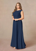 Navy Dark A-Line Floor-Length Dress Sleeveless Solid Color Elegant Scoop Neck Plus Size Mother of the Bride Dress