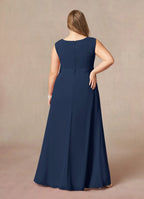 Navy Dark A-Line Floor-Length Dress Sleeveless Solid Color Elegant Scoop Neck Plus Size Mother of the Bride Dress