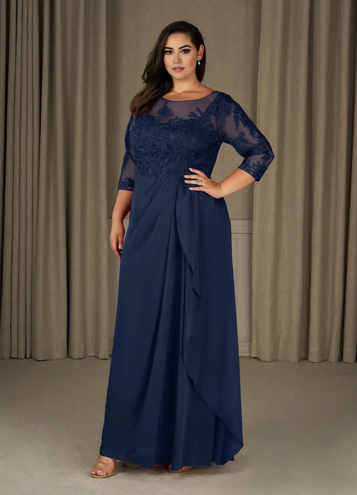 Dress Champagne A-Line Scoop Mother Of The Bride Evening Dress Elegant Ruffle Three-Quarter Sleeve V Back Plus Size Mother Of The Bride Dress