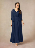 Navy Dress Solid Color Dark A-Line Sequins Dress Ankle-Length Three-Quarter Sleeve V-Neck V back Mother of the Bride Dress